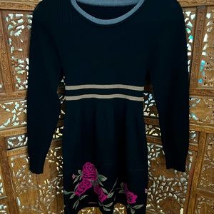 Black Long-sleeved Pink Flower Mini Dress